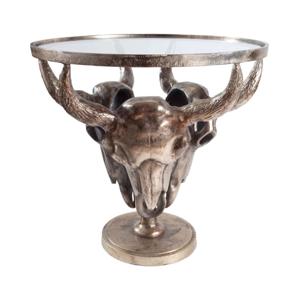 Table basse en aluminium argenté avec têtes de taureau et verre d56cm