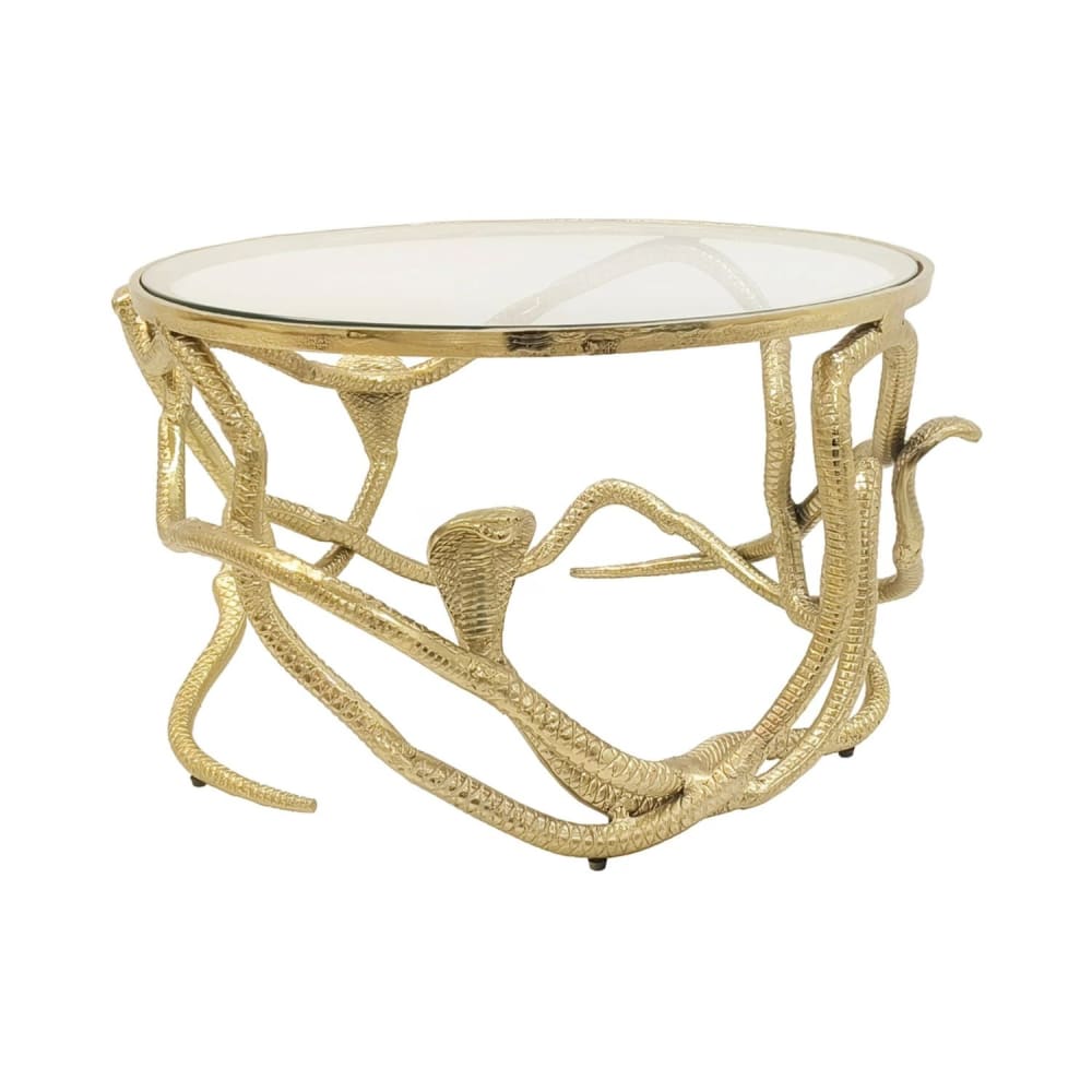 Table basse ronde en aluminium doré et verre transparent d67cm