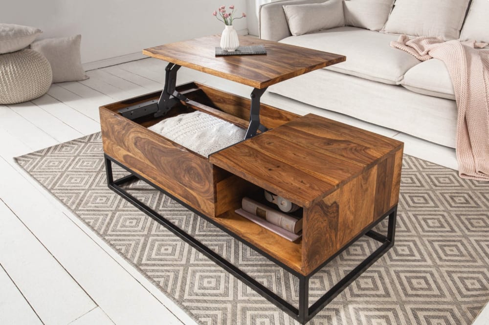 Table basse en bois massif de sheesham et en fer noir 110x40x58cm