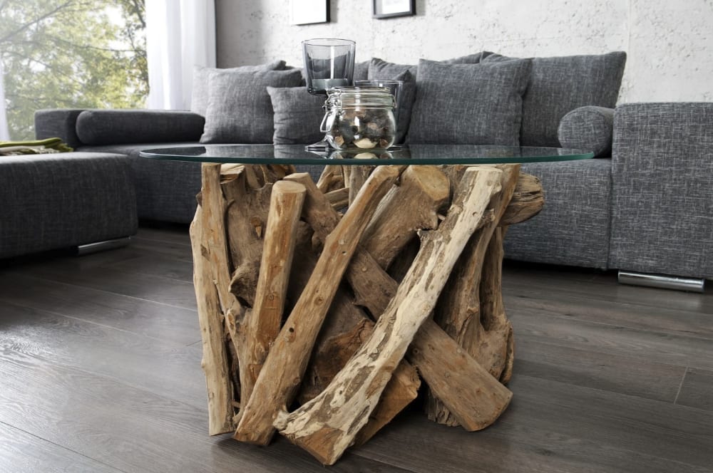 Table basse ronde en bois de teck et plateau en verre 60x41x60cm
