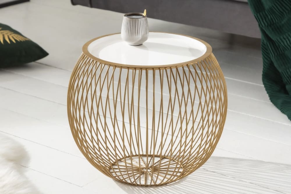Table basse en fer doré avec plateau blanc amovible 41x33x41cm