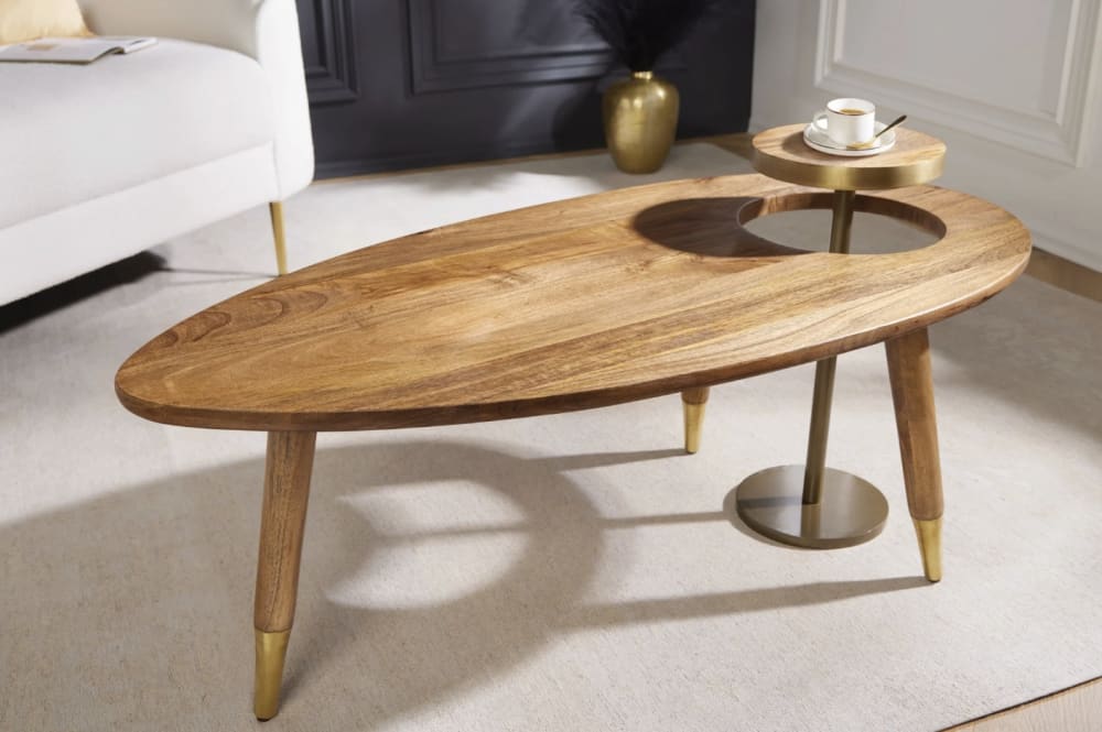 Table basse marron et dorée asymétrique 110x41x53