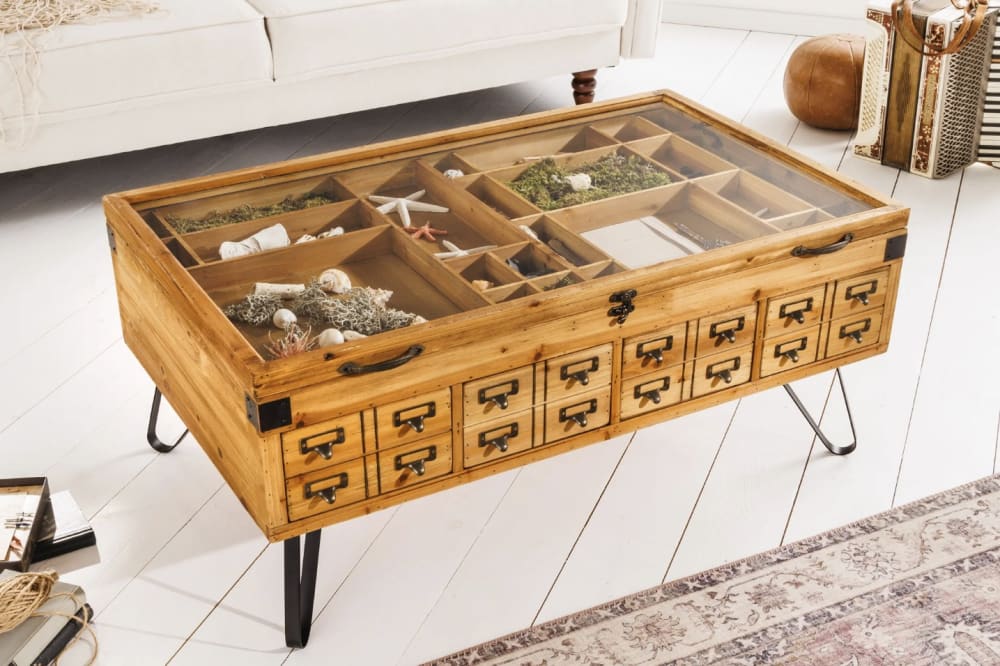 Table basse en sapin et plateau en verre 3 tiroirs 100x45x60cm
