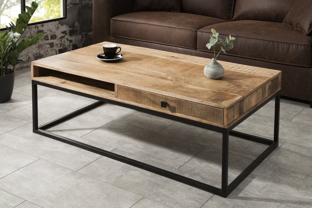 Table basse en manguier structure en fer noir 2 tiroirs 100x40x60cm