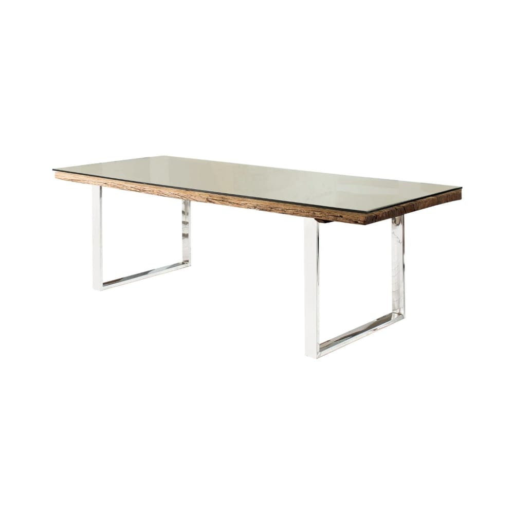 Table rectangulaire en bois de teck, verre et pieds en fer 180x100cm