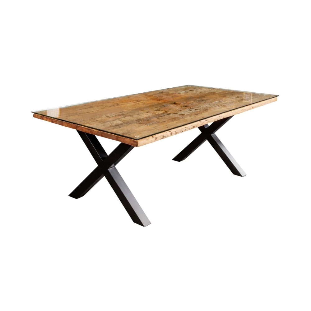 Table rectangulaire en bois de teck, verre et pieds en fer 180x100cm