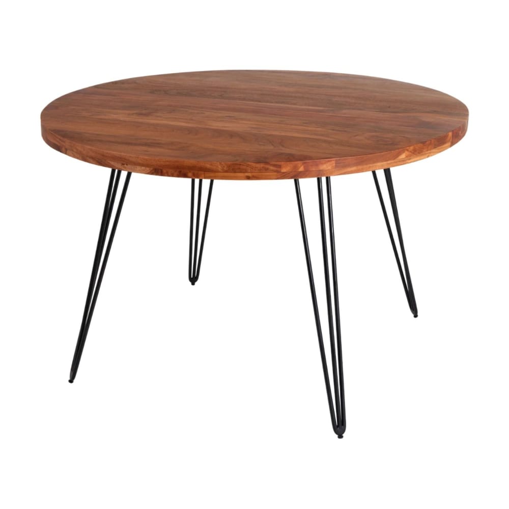 Table ronde en bois massif d'acacia foncé et pieds en fer noir d120cm