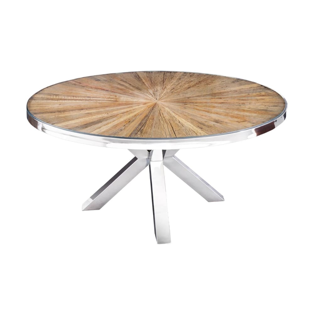 Table ronde en bois de teck, verre et pieds en acier argenté d140cm