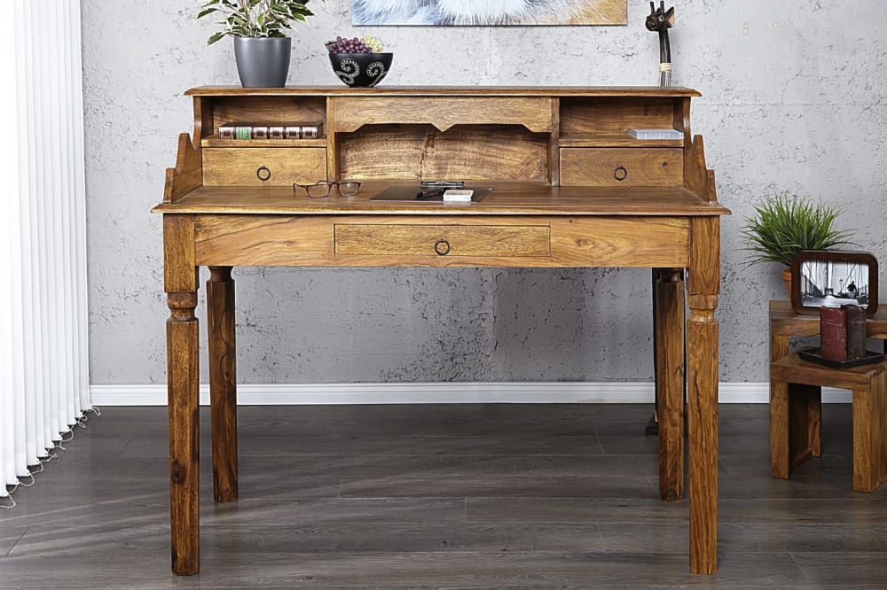 Bureau 3 tiroirs, 3 niches, 1 étagère en sheesham massif 115cm
