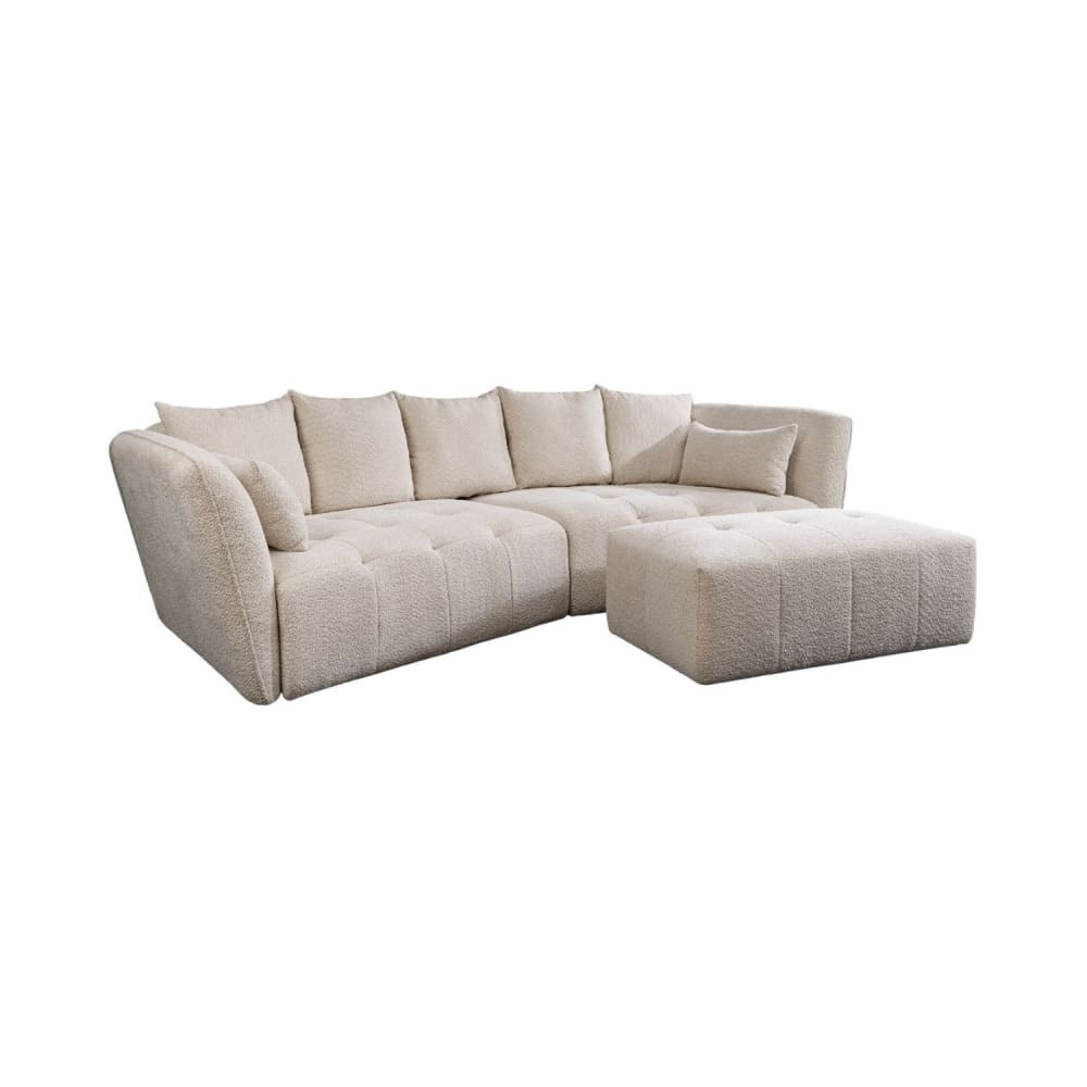 Canapé d'angle avec pouf 6 places en tissu bouclé champagne Canapé d'angle avec pouf 6 places en tissu bouclé champagne