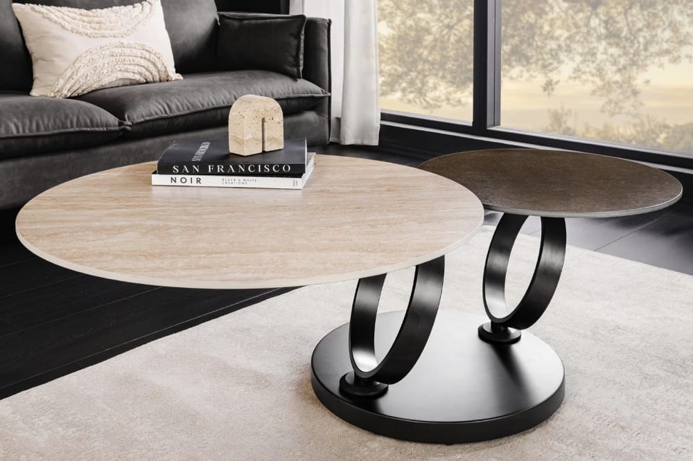 Table basse en céramique beige et rouille avec 2 plateaux pivotants