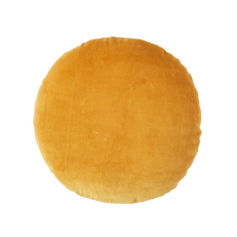 Coussin rond en velours de coton jaune moutarde 40 cm