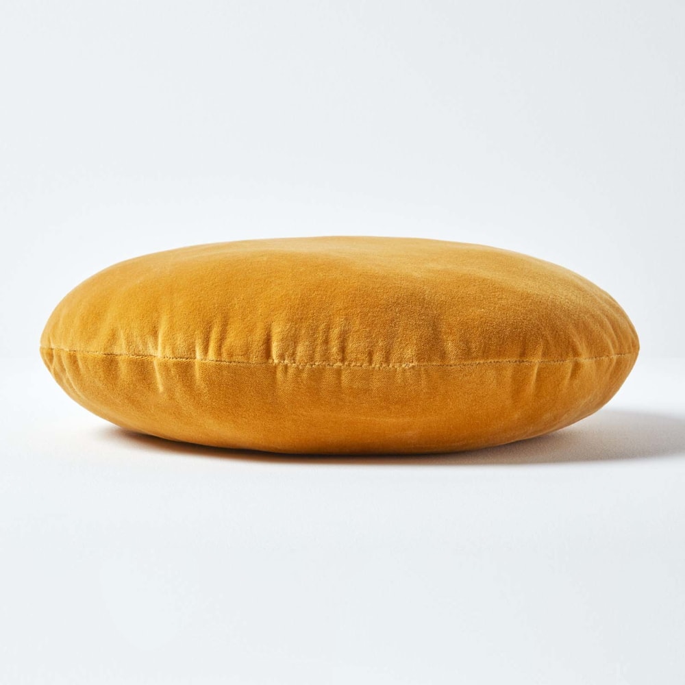 Coussin rond en velours de coton jaune moutarde 40 cm — vue 3