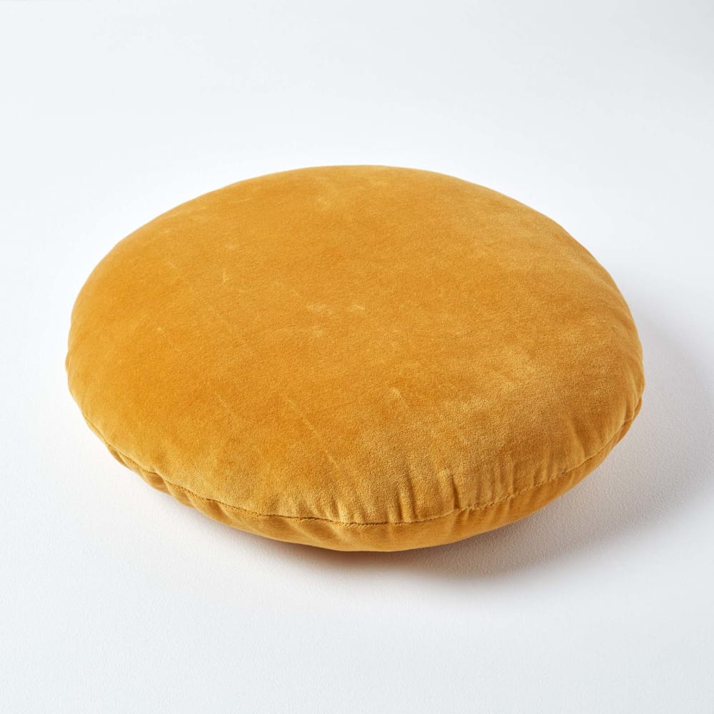 Coussin rond en velours de coton jaune moutarde 40 cm — vue 4
