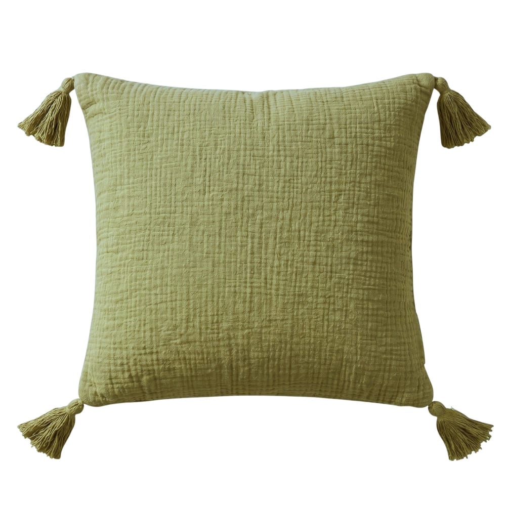 Homescapes Kissen mit pompons baumwollgaze salbeigrün 45x45 cm style modern Öko-Tex Zertifikat - Baumwolle