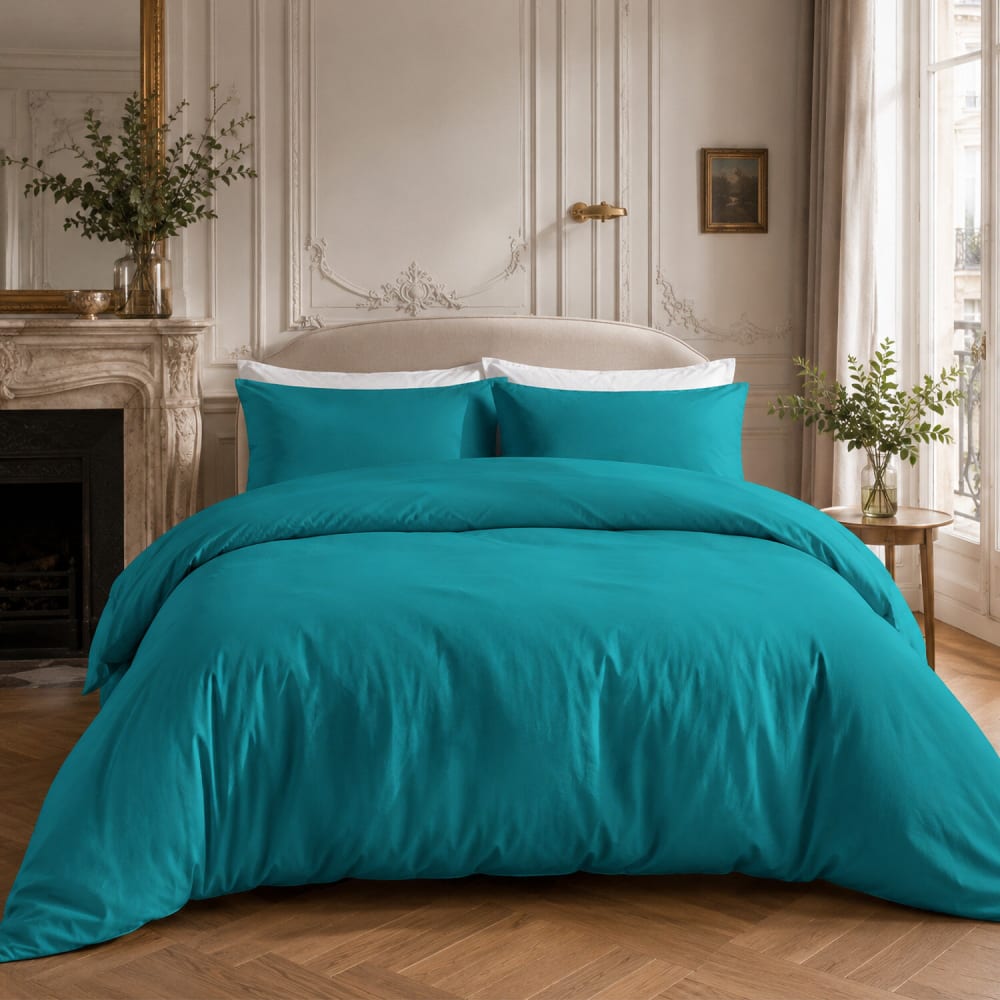 Drap housse percale de coton bleu sarcelle 140x190 cm — vue 4