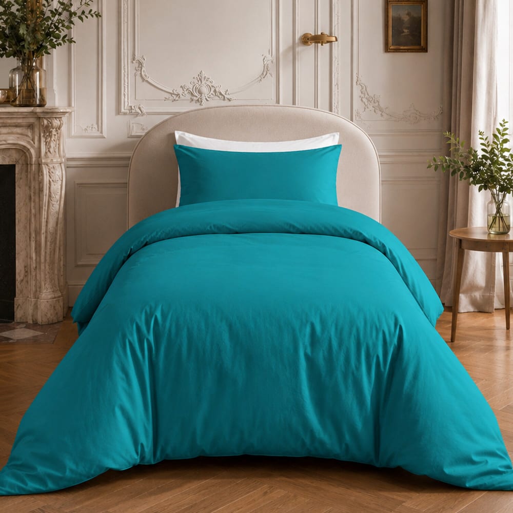 Parure de lit percale de coton bleu sarcelle + 1 taie 140x200 cm