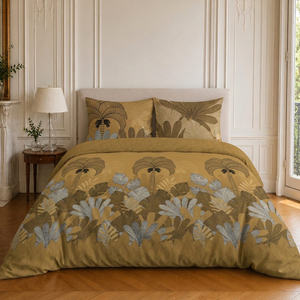 Parure de lit en microfibre motif tropical + 2 taies 240x220 cm