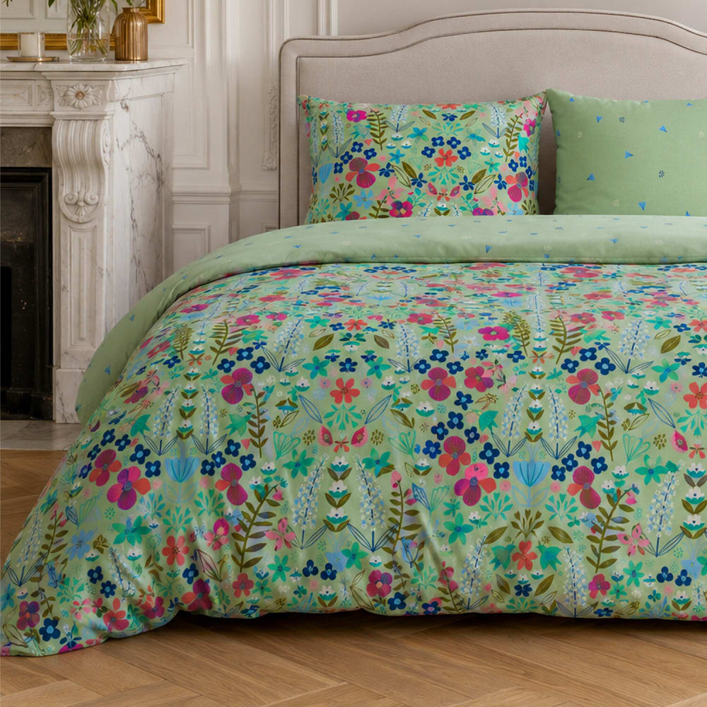 Parure de lit percale de coton floral printemps + 2 taies 240x220 cm