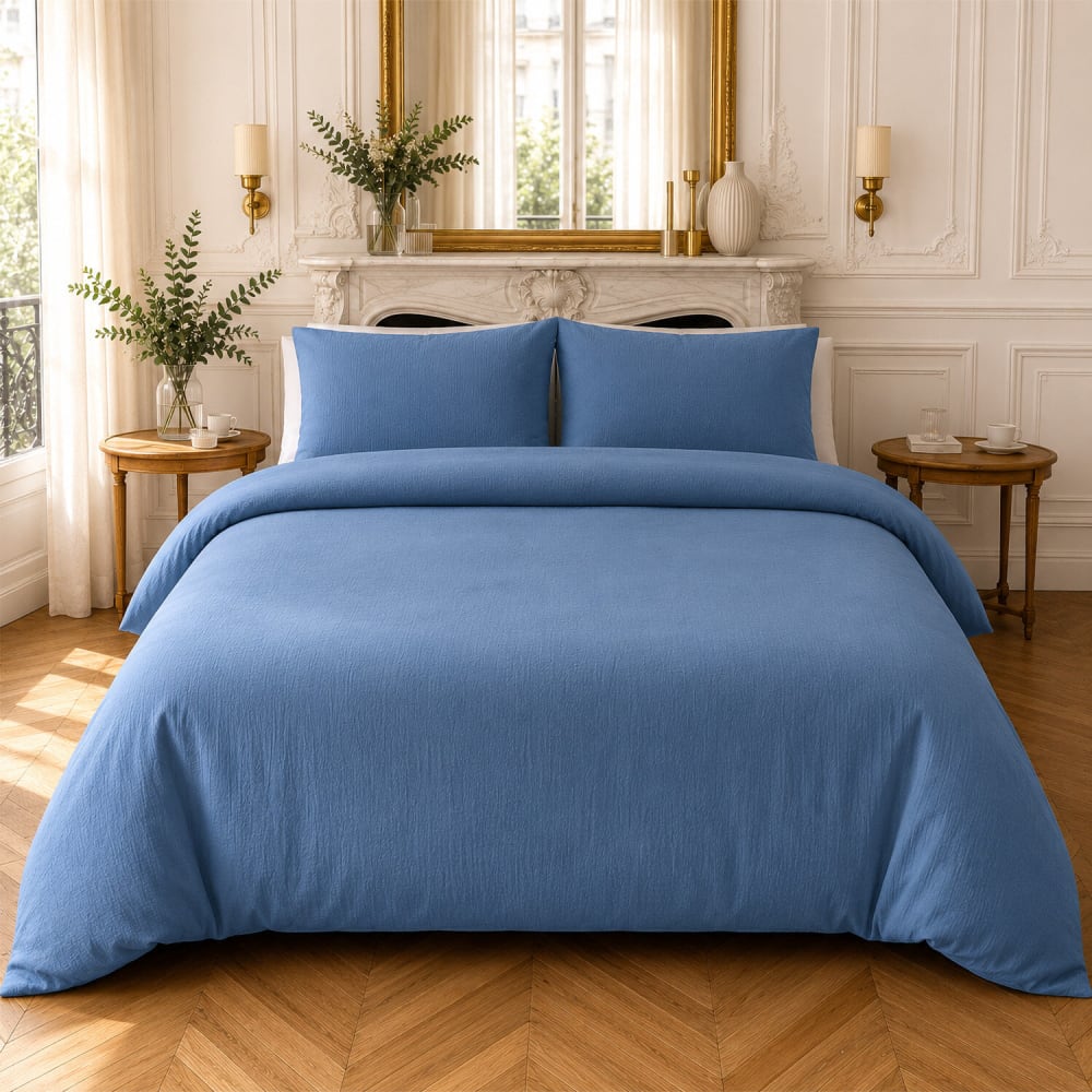 Parure housse de couette en gaze de coton unie bleu mer 260x240 cm