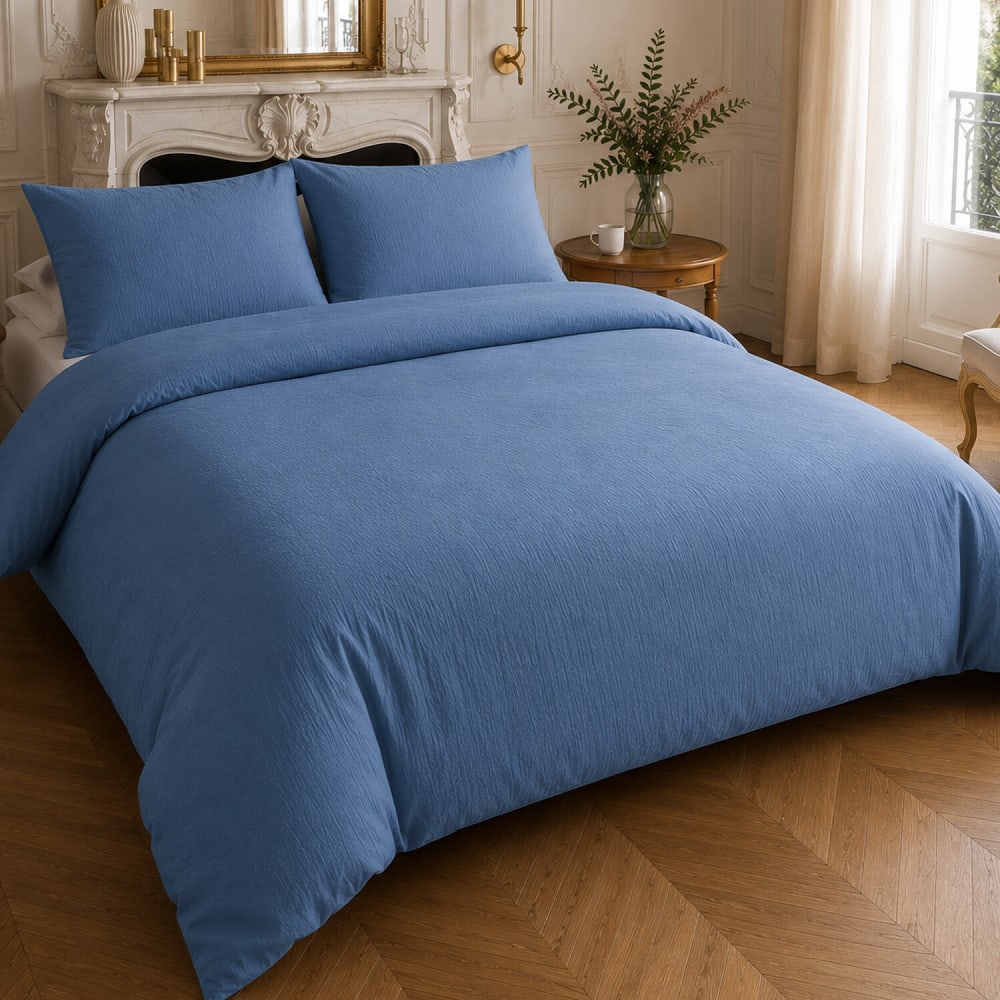 Parure housse de couette en gaze de coton unie bleu mer 260x240 cm — vue 3