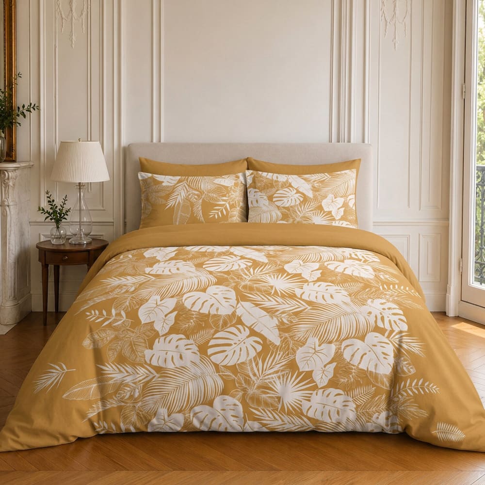 Parure de lit en coton motif tropical + 2 taies 240x220 cm