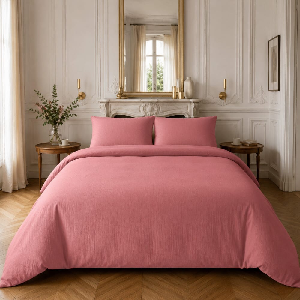 Parure housse de couette en gaze de coton unie rose 240x220 cm