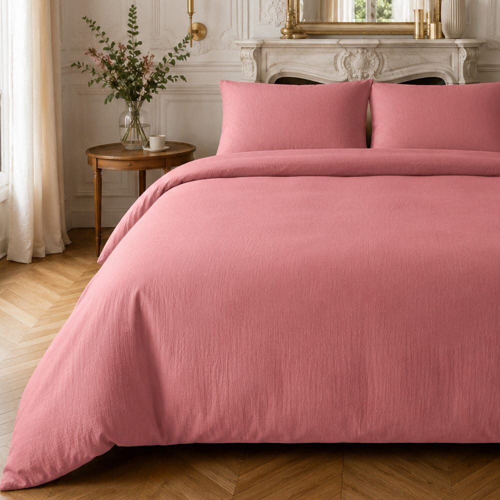 Parure housse de couette en gaze de coton unie rose 240x220 cm — vue 4