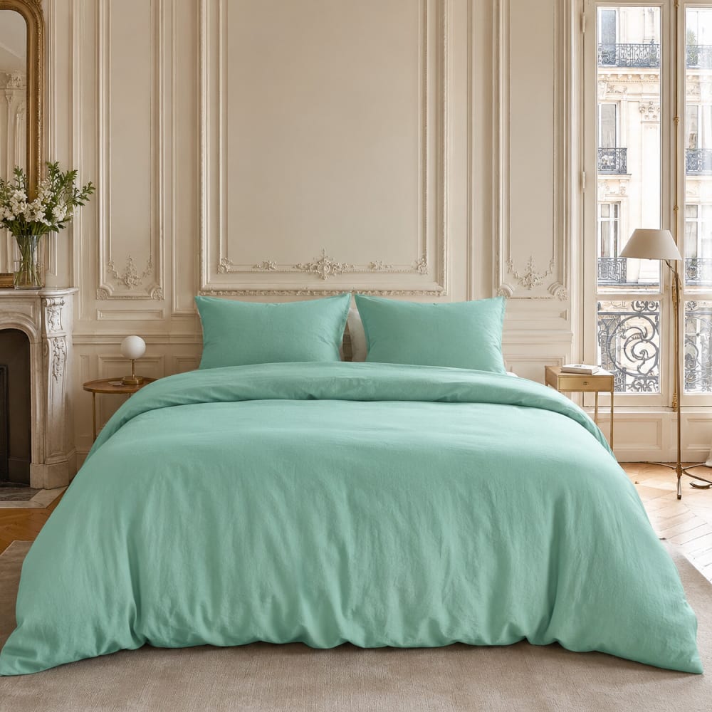 Parure housse de couette en coton/lin aqua 240x220 cm