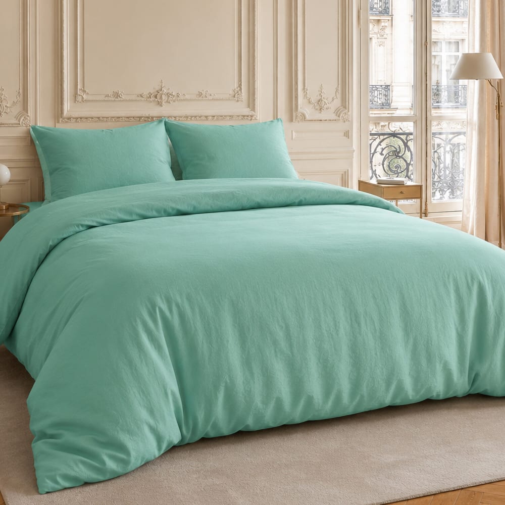 Parure housse de couette en coton/lin aqua 240x220 cm — vue 3