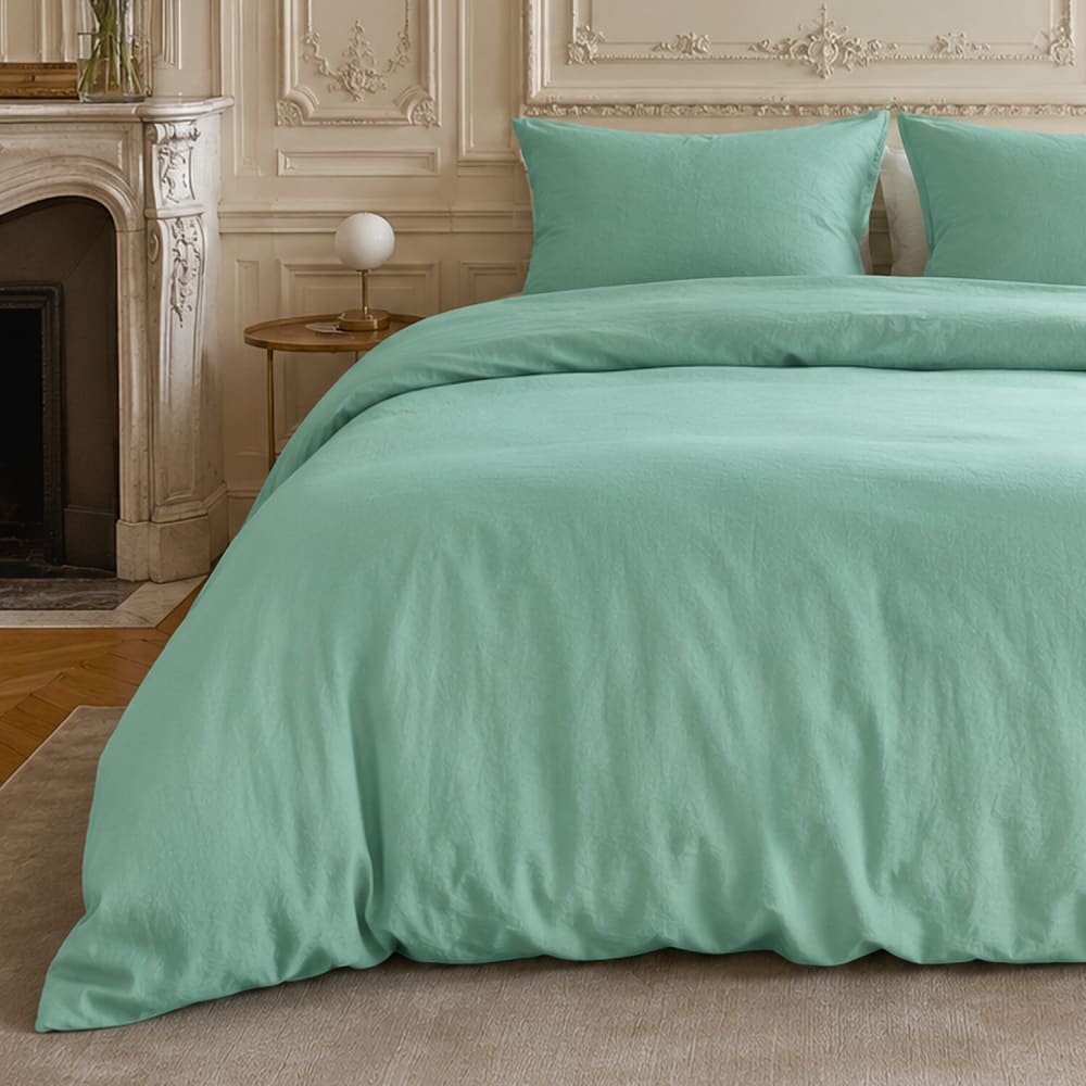 Parure housse de couette en coton/lin aqua 240x220 cm — vue 4