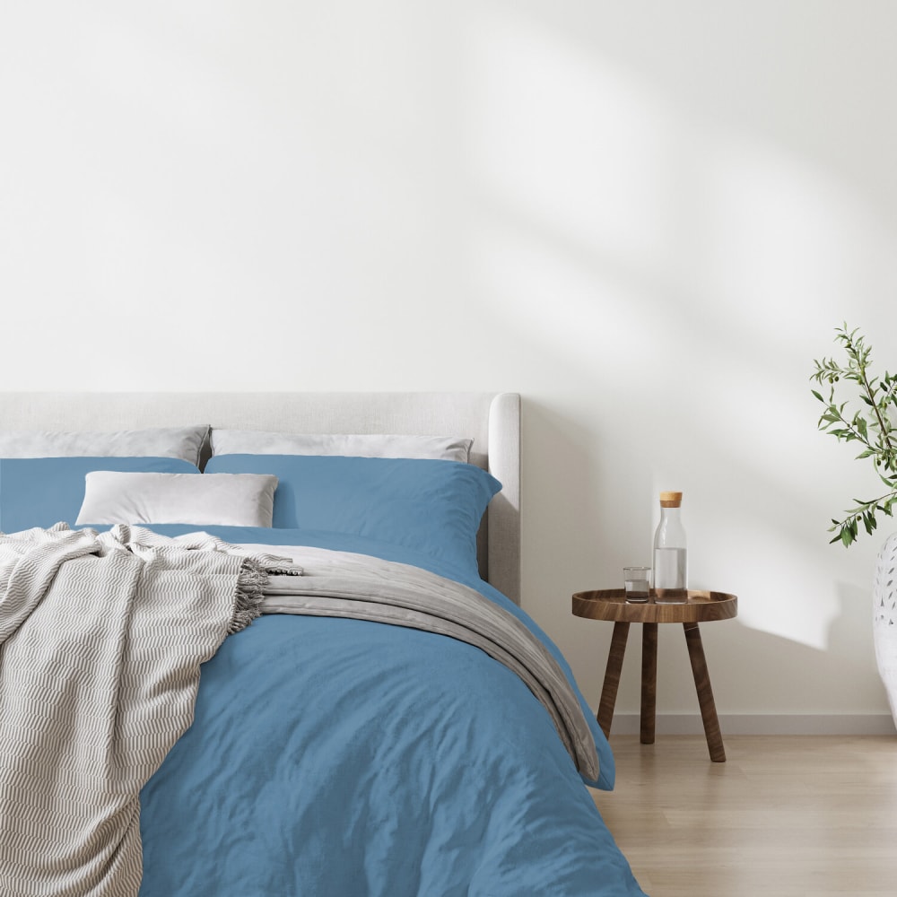 Parure housse de couette coton lavé bleu + 2 taies 260x240 cm