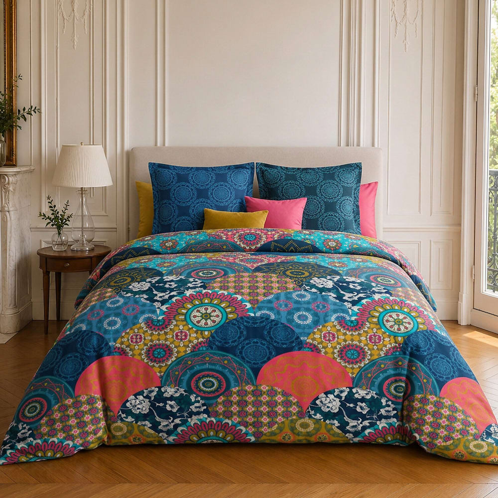 Parure de lit en coton motif géométrique + 2 taies 260x240 cm