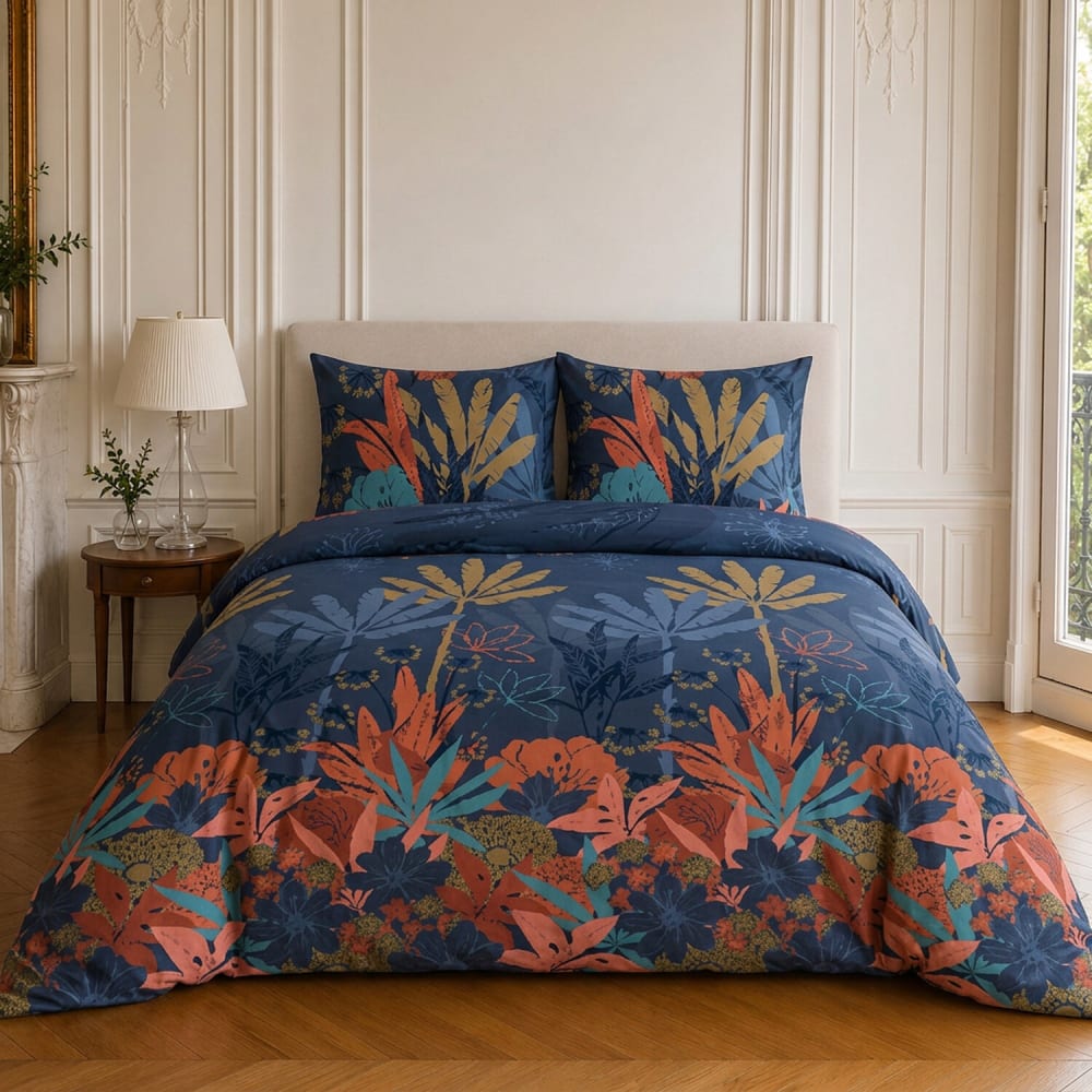 Parure de lit en microfibre motif tropical + 2 taies 240x220 cm