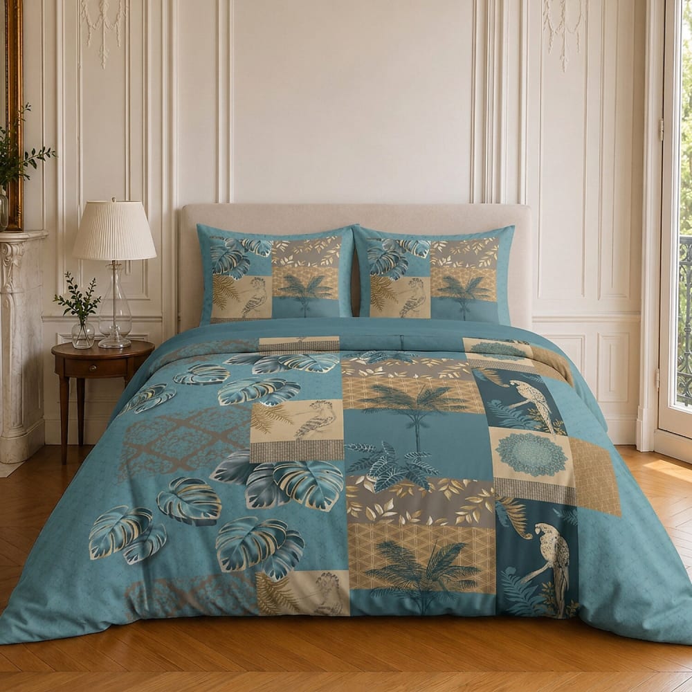 Parure de lit en coton motif tropical + 2 taies 260x240 cm