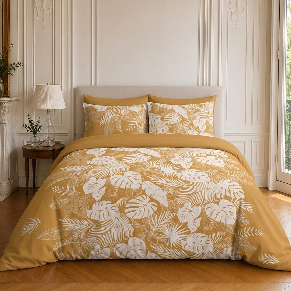 Parure de lit en coton motif tropical + 2 taies 260x240 cm