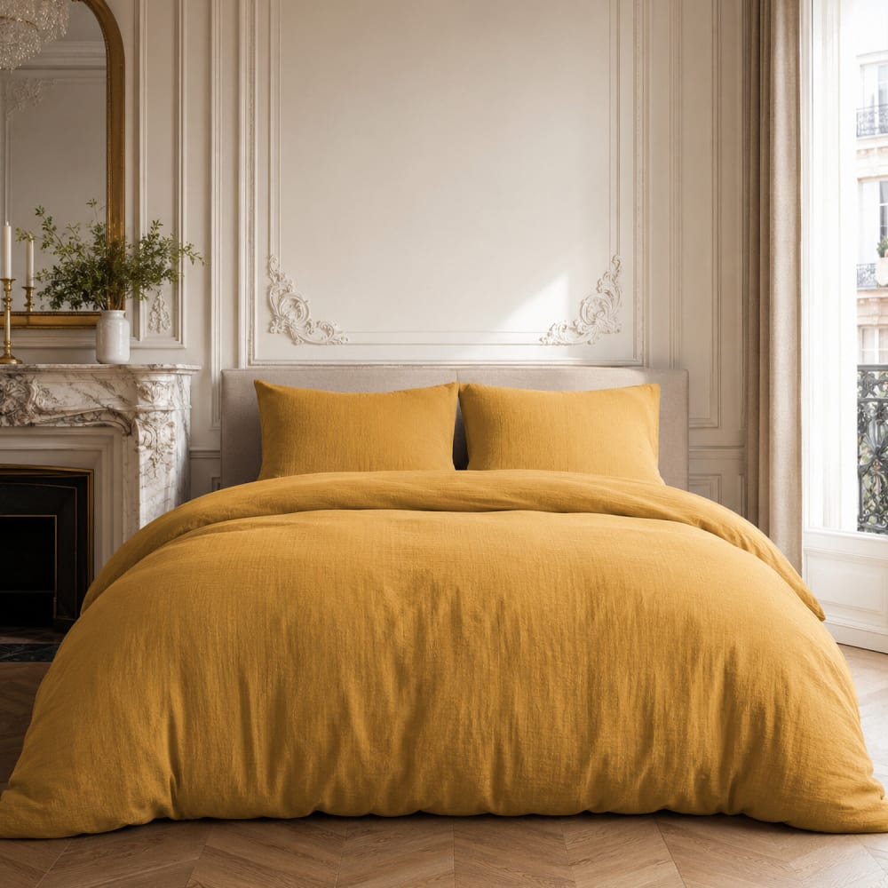 Parure housse de couette en gaze de coton unie ocre 240x220 cm