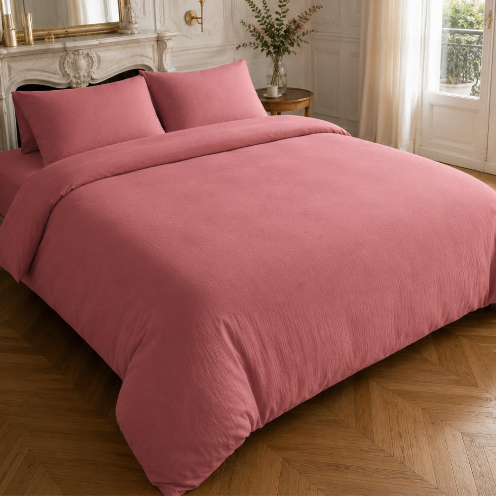 Parure housse de couette en gaze de coton unie rose 260x240 cm — vue 3