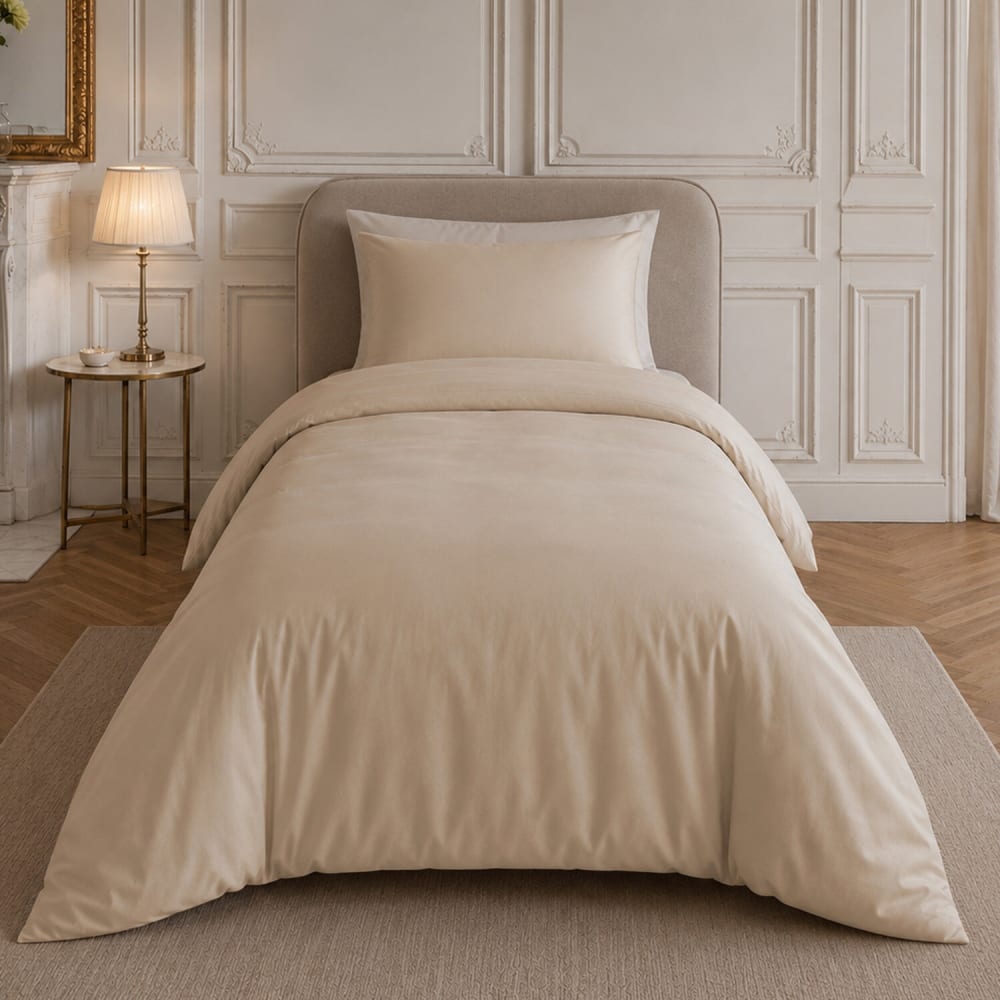 Parure housse de couette percale de coton beige + 1 taie 140x200 cm