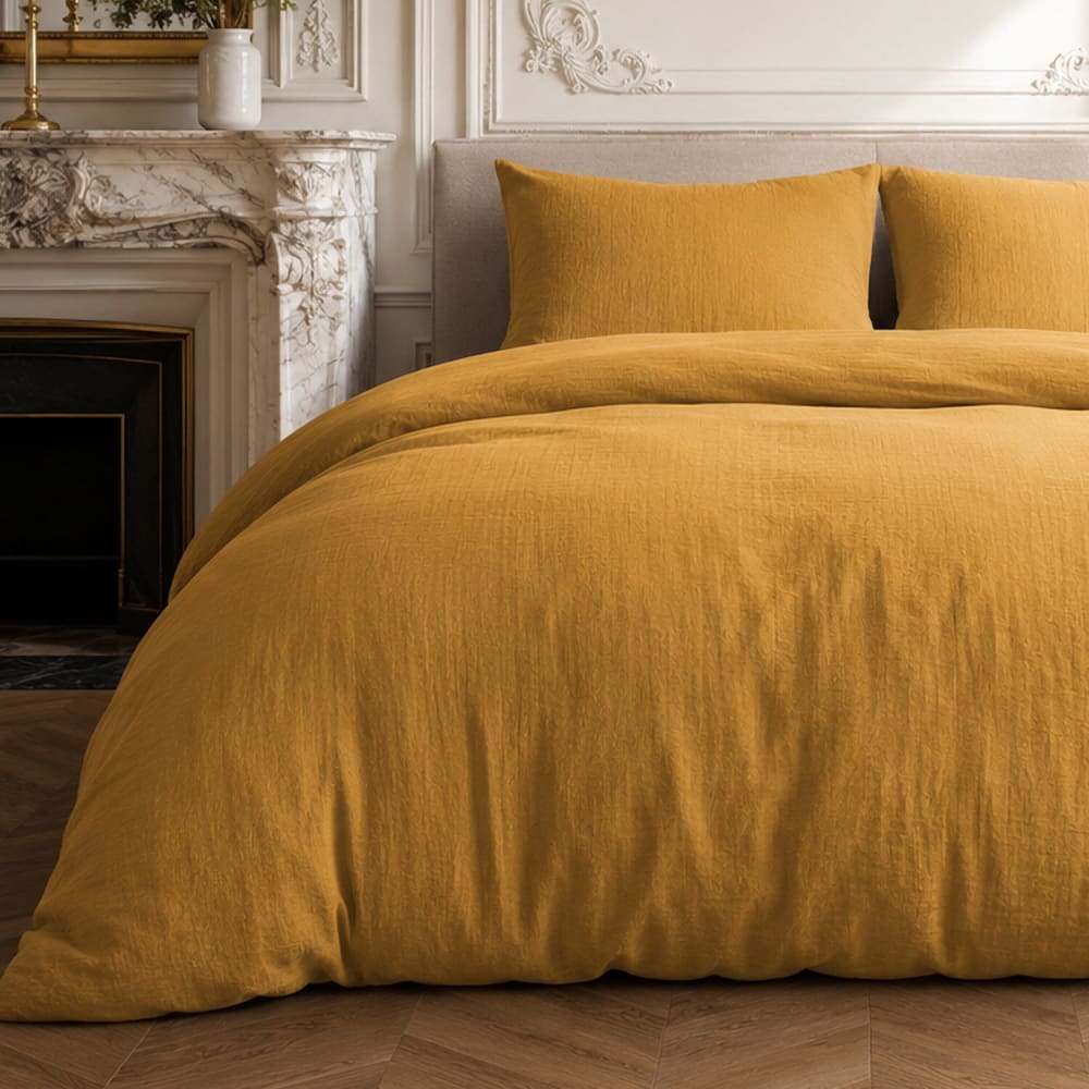 Parure housse de couette en gaze de coton unie ocre 260x240 cm