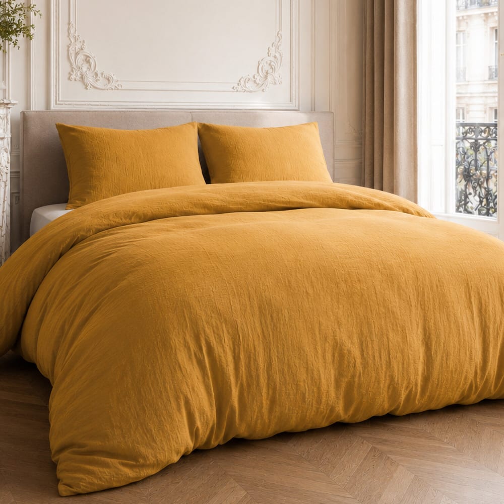 Parure housse de couette en gaze de coton unie ocre 260x240 cm — vue 3