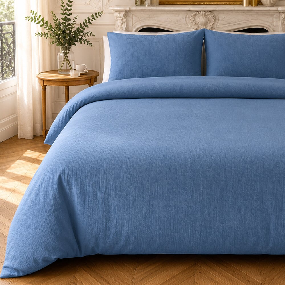 Parure housse de couette en gaze de coton unie bleu mer 240x220 cm — vue 4