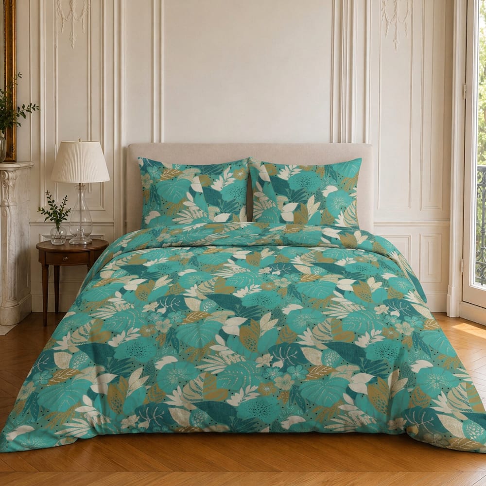 Parure de lit en microfibre motif tropical + 2 taies 240x220 cm