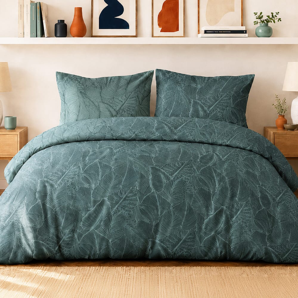 Parure de lit en percale de coton feuilles tropicales 240x220 cm