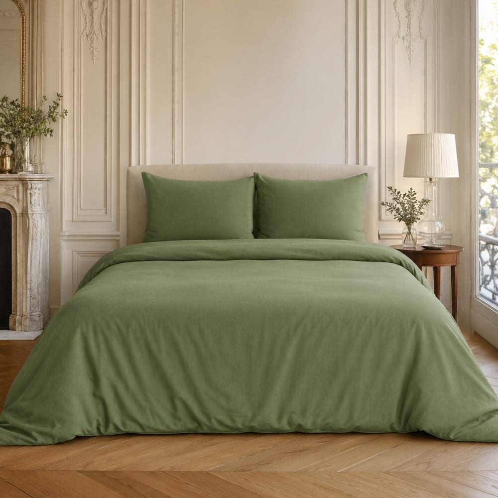 Parure housse de couette en coton/lin kaki 240x220 cm