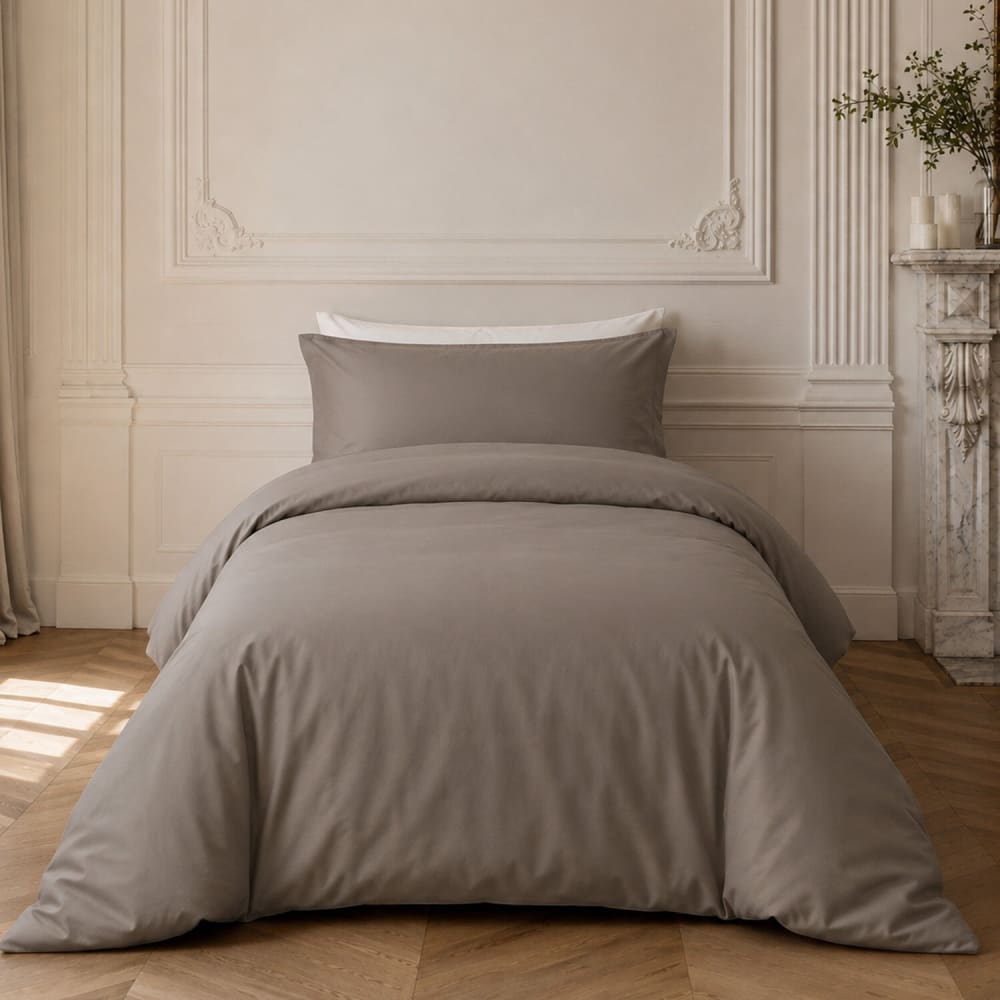 Parure housse de couette percale de coton gris + 1 taie 140x200 cm