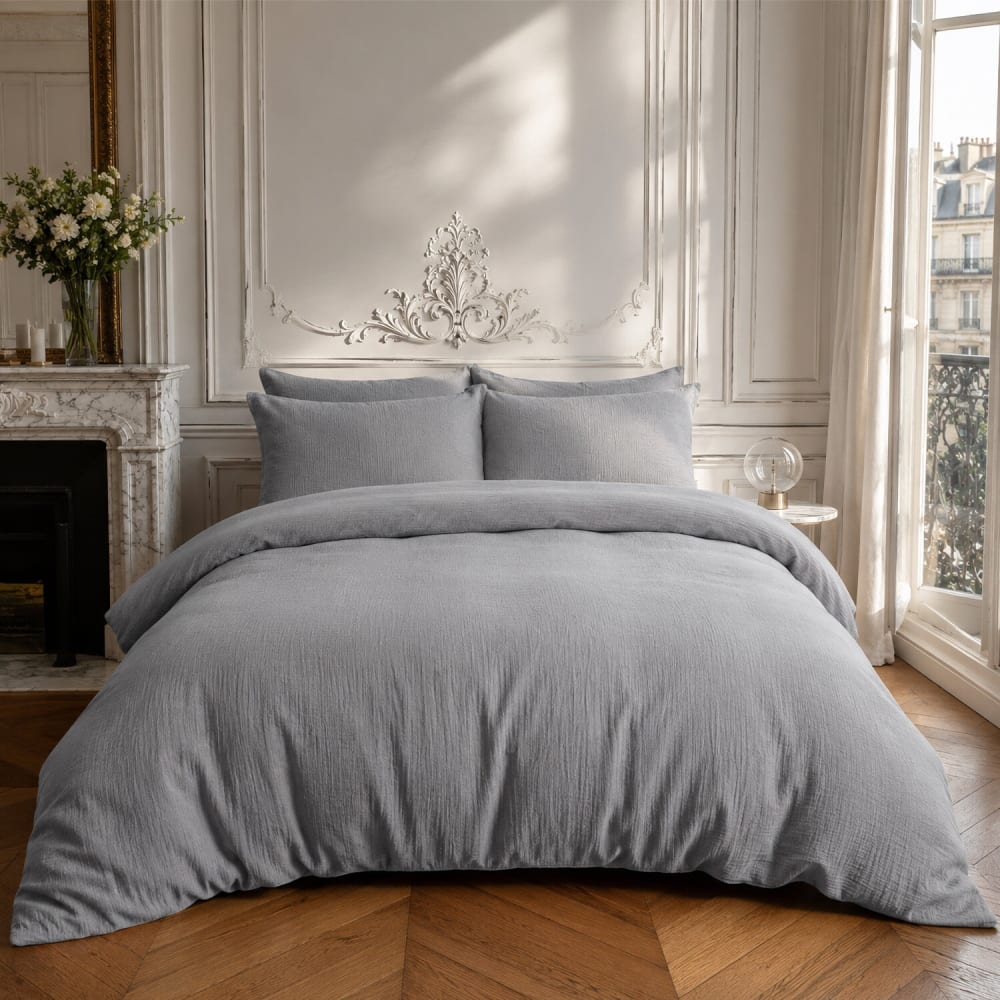 Parure housse de couette en gaze de coton unie gris charbon 240x220 cm