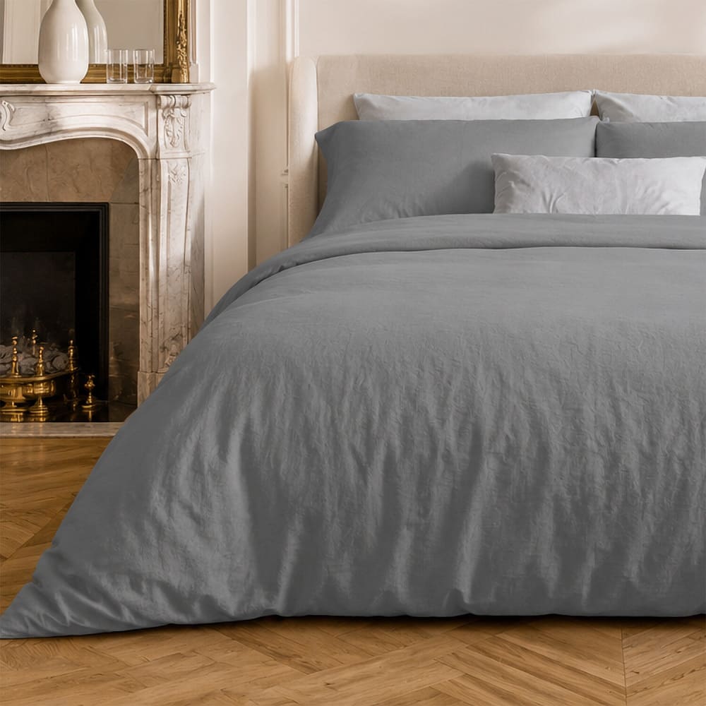 Parure housse de couette coton lavé gris + 2 taies 260x240 cm