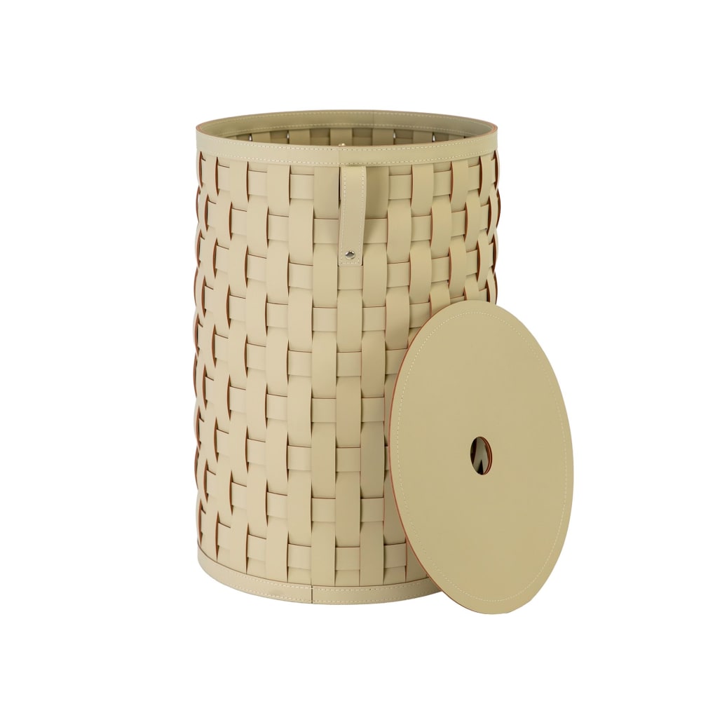 Panier cylindrique en cuir régénéré sable avec couvercle