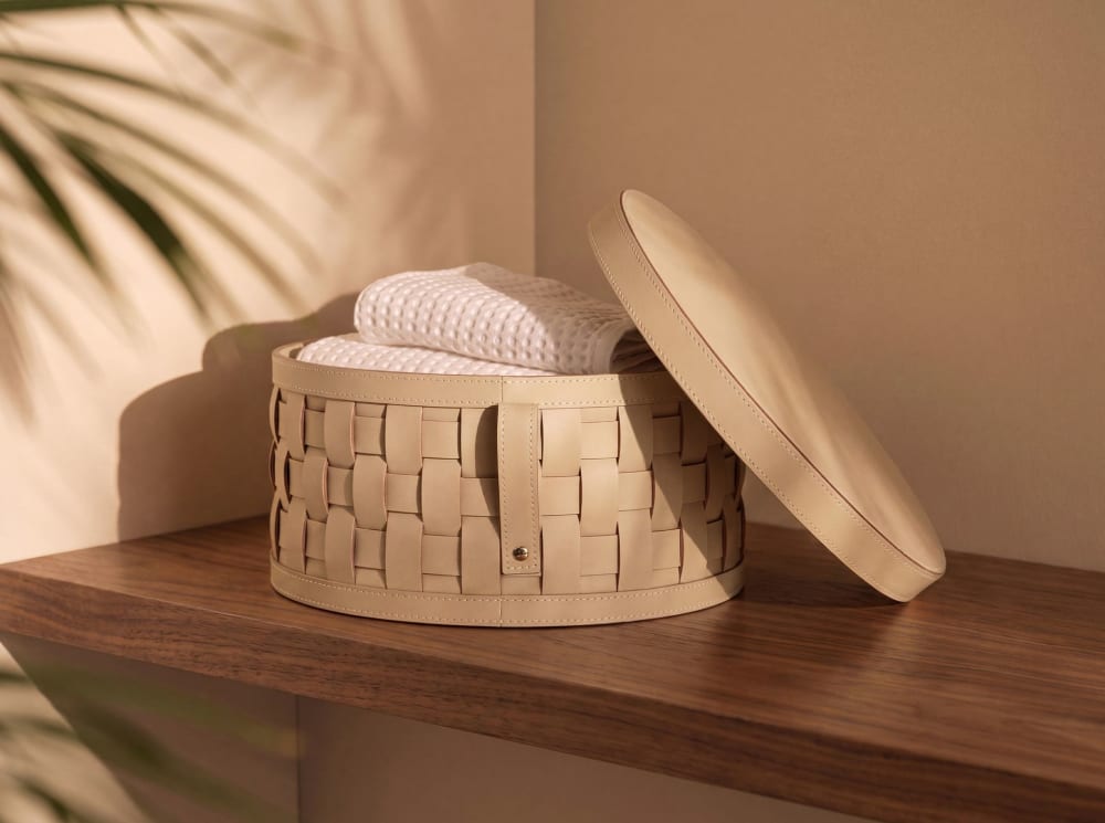 Panier rond en cuir régénéré sable avec couvercle